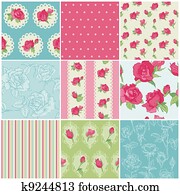 jogo, de, Seamless, floral, rosa, fundos, -, em, vetorial