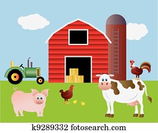 bauernhof, mit, rote scheune, und, tiere bauernhof, mit, rote scheune, und, tiere