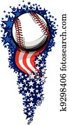 basebol, fogo artifício, com, bandeiras, e, estrelas