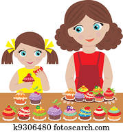Mother with the daughter bake cupca Mother with the daughter bake cupca