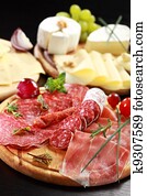 Salami and cheese platter with herbs