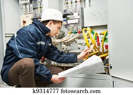 eletricista, verificar, cabling, linha poder