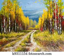 pintura óleo, -, ouro, outono