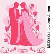 florido, novia y novio, silueta