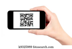 יד מחזיקה, טלפון נייד, עם, qr, הצפן, סורק