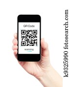 יד מחזיקה, טלפון נייד, עם, qr, הצפן, סורק
