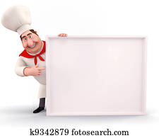 Happy chef pointing towards sign