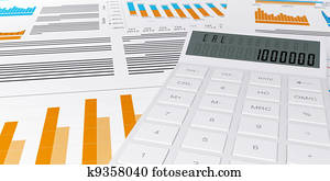 3d illustration of a business, finance credit reports and statistics with a calculator and pen