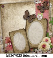 Vintage background with paper frame, butterfly and roses for congratulations and invitations Vintage background with paper frame, butterfly and roses for congratulations and invitations