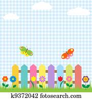 Colorful fence with flowers and butterflies Colorful fence with flowers and butterflies