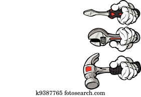 Cartoon Vector Image of Hands Holding Home Repair Tools Hammer, Wrench and Screwdriver
