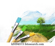 Artist brushes with a half finished painted landscape canvas Artist brushes with a half finished painted landscape canvas
