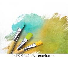 artista, escovas, com, um, metade, terminado, pintado, lona