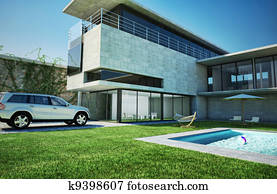 moderno, lujo, chalet, con, natación, pool.