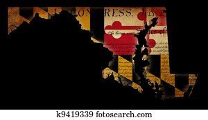 USA American Maryland state map outline with grunge ef fect flag insert and Declaration of Independence overlay