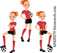 caricatura, futebol, menina, 3, poses