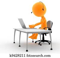 oro, 3d, hombre, con, auriculares, y, computadora