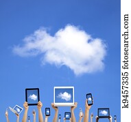 cloud computing concept. hands holding computer laptop smart phone tablet and touch pad cloud computing concept. hands holding computer laptop smart phone tablet and touch pad