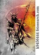 Death. Sketch of tattoo art, warrior at horse illustration Death. Sketch of tattoo art, warrior at horse illustration