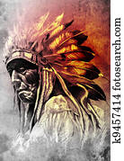 Sketch of tattoo art, portrait of american indian head Stock Image