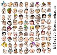 folk, ansikt, uttrykk, doodle, karikatur, ikoner, glad, karakterer, kunst