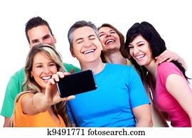 Group of happy people with a smartphone.
