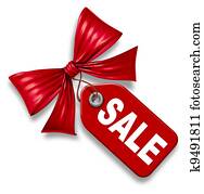 verkoop prijs, label, met, rood lint, vlinderstrik