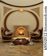 Armchairs near fireplace in modern interior. Warm Armchairs near fireplace in modern interior. Warm