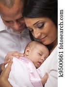 Mixed Race Young Family with Newborn Baby