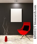 Red armchair with pillow and white blank on the black wall in minimalism interior. Living room Red armchair with pillow and white blank on the black wall in minimalism interior. Living room