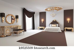 Baroque bedroom with golden furniture in royal interior Residence Baroque bedroom with golden furniture in royal interior Residence