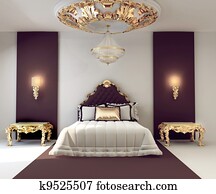 Luxury double bedroom with golden furniture in royal interior Luxury double bedroom with golden furniture in royal interior