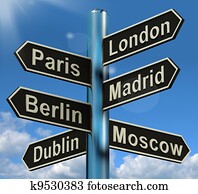 London Paris Madrid Berlin Signpost Shows Europe Travel Tourism And Destinations London Paris Madrid Berlin Signpost Shows Europe Travel Tourism And Destinations