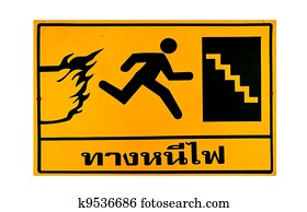 The Guide post of fire escape thai text isolated on white background