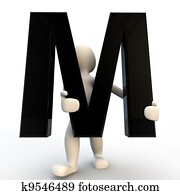 3D Human character holding black letter M, small people 3D Human character holding black letter M, small people