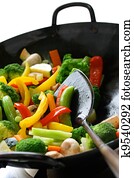 cozinheiro, legumes, em, um, chinês, wok