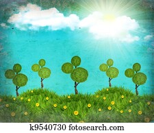 Grunge nature landscape collage with green grass hills and sun on old texture Grunge nature landscape collage with green grass hills and sun on old texture