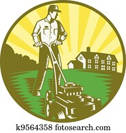 Gardener Mowing Lawn Mower Retro Gardener Mowing Lawn Mower Retro