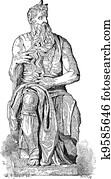 statue, von, moses,, altmodisch, stich statue, von, moses,, altmodisch, stich