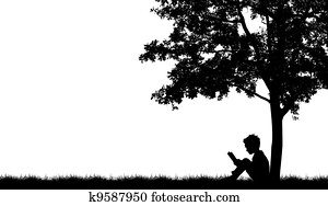 צלליות, של, ילדים, קרא, הזמן, מתחת, עץ