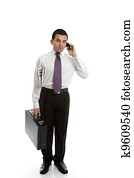 homem negócios, usando, telefone pilha