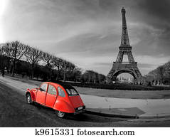Eiffel Tower and old red car - Paris Eiffel Tower and old red car - Paris