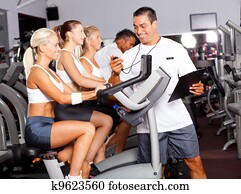 desporto, treinador, cronometrando, ciclista, ligado, bicicleta ginásio