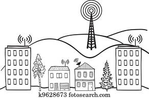 Illustration of wireless signal of internet into houses in city Illustration of wireless signal of internet into houses in city