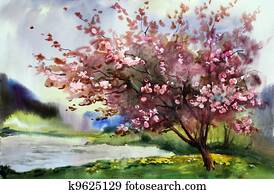 pintura aquarela, paisagem, com, florescer, primavera, árvore, com, flowers.