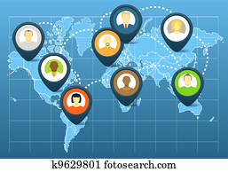 World social network scheme on the map of earth