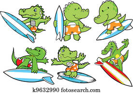 Surfing Alligator Summer Vector Set Surfing Alligator Summer Vector Set