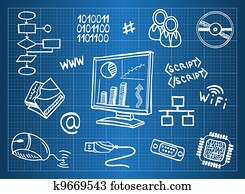 blaupause, von, computerhardware, und, informationstechnologie, symbole blaupause, von, computerhardware, und, informationstechnologie, symbole