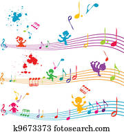 Colored stave with kids singing Colored stave with kids singing