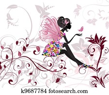 flor, fada, com, borboletas